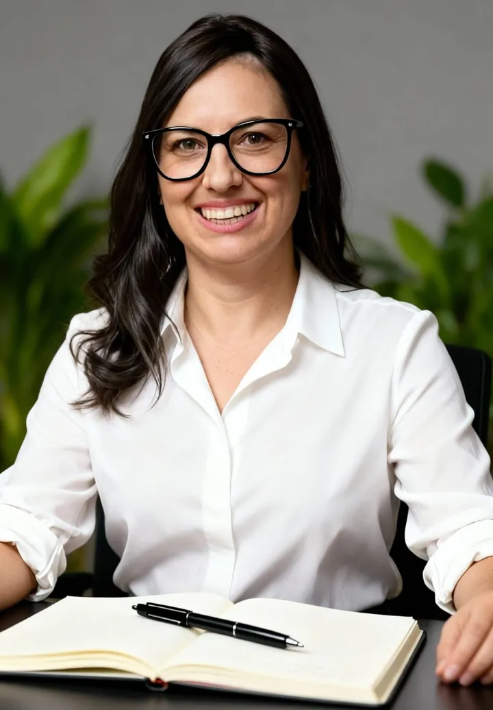 Renata Marques de camisa branca e óculos, sorrindo, com um caderno aberto